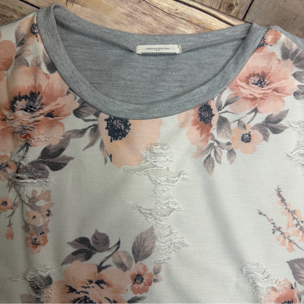 Floral Distressed Tee with Grey Trim